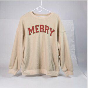 Christmas Corduroy Pullover Sweatshirt Women Medium Beige Pockets Holiday